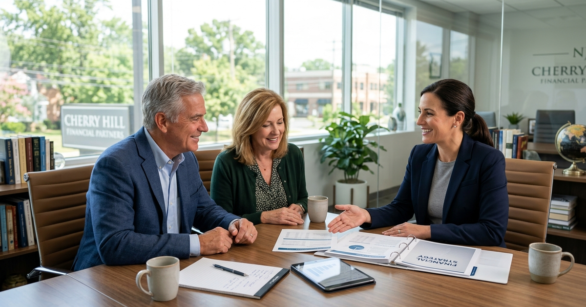 An advisor and an older couple talking across a conference table with printed planning documents between them