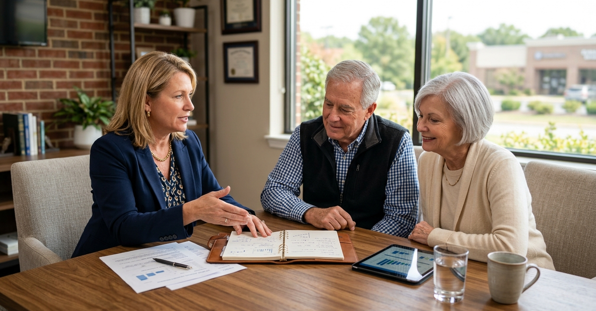 An advisor talking with an older couple at a table with an open ledger, printed charts, and a tablet