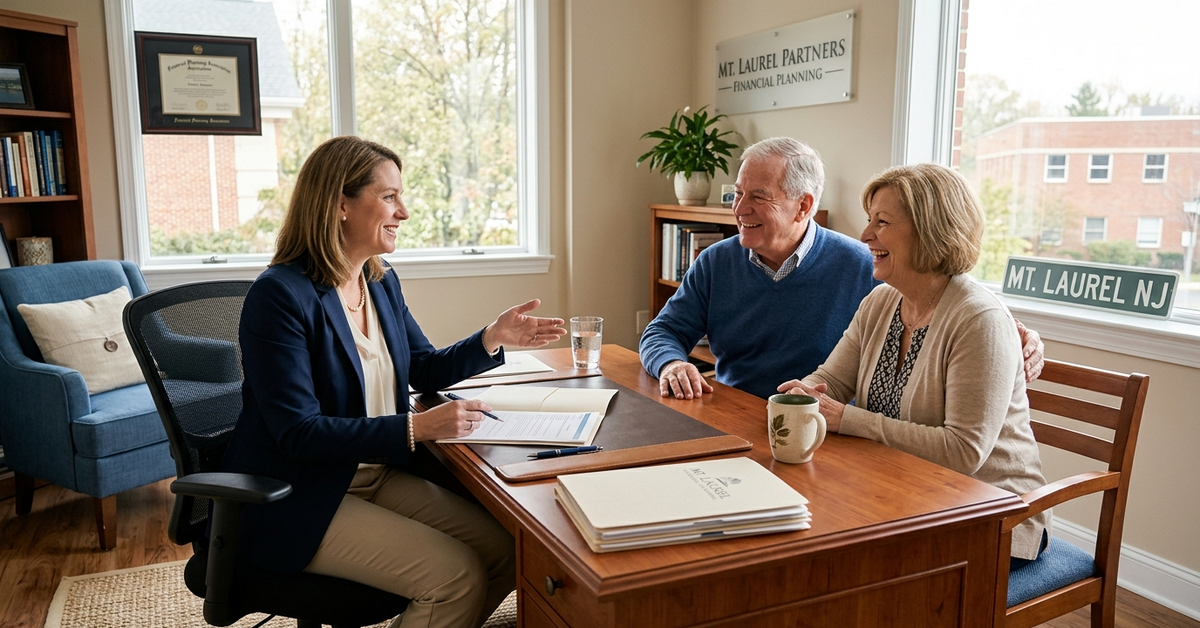 A financial advisor talking with an older couple across a desk about Medicare and retirement income