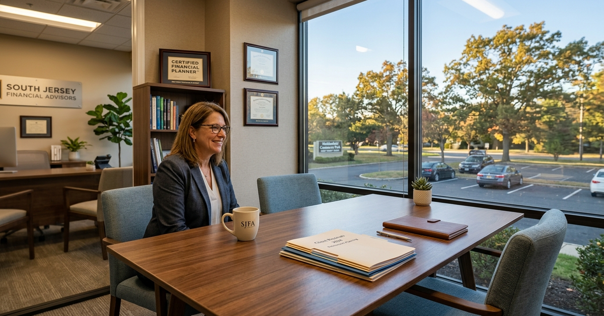 A financial advisor seated at a conference table in an office, reviewing retirement planning documents