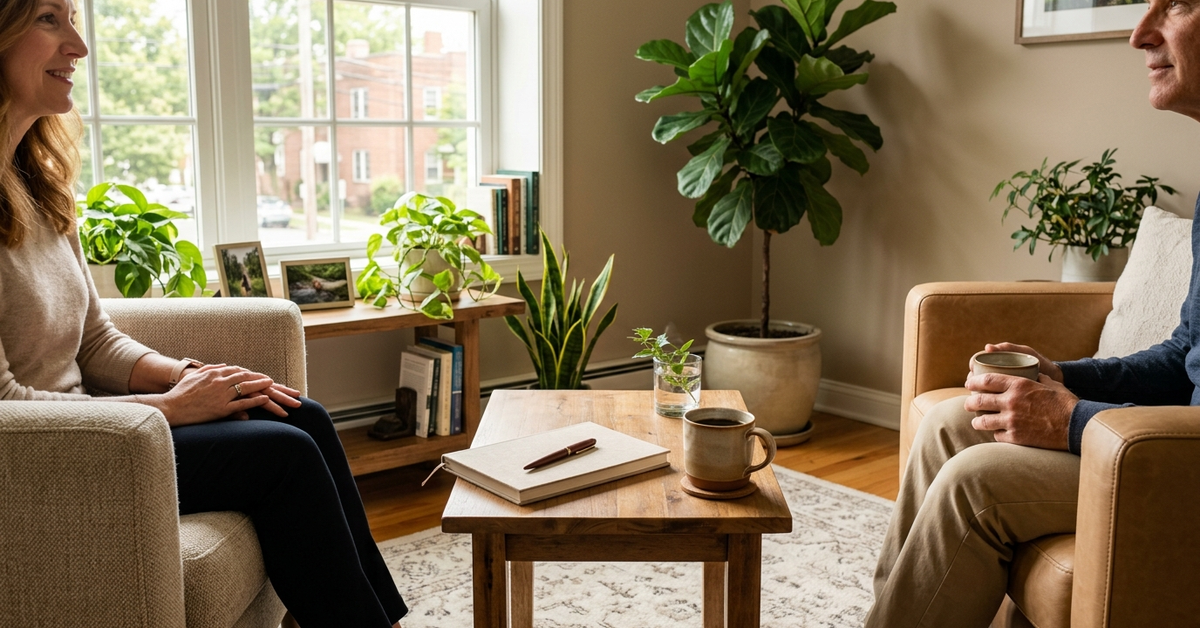 An advisor and a client seated in armchairs facing each other in a comfortable meeting room
