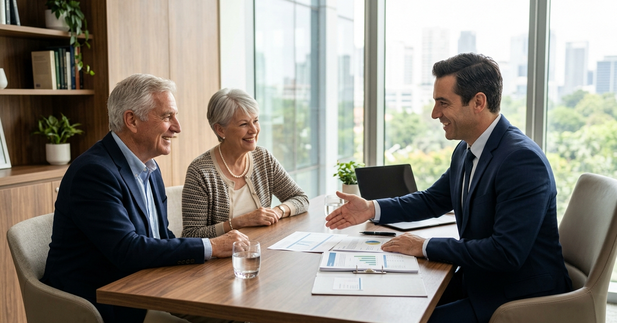 An advisor talking with an older couple at a conference table beside floor to ceiling windows overlooking a city skyline