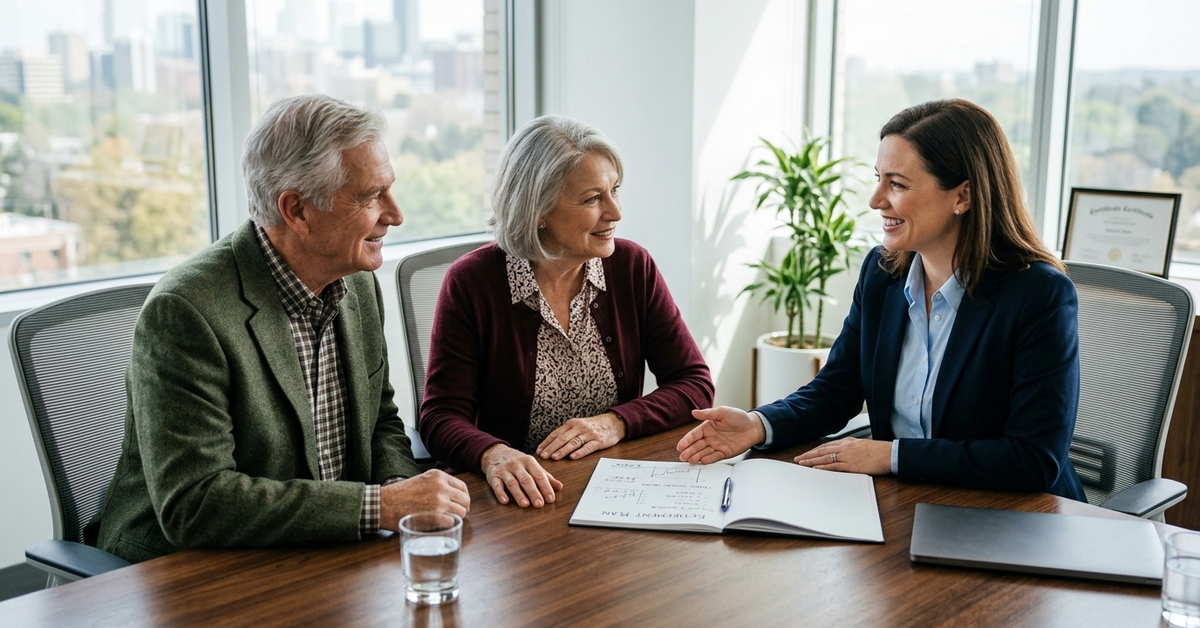 An advisor talking with an older couple across a conference table with an open binder between them and city windows behind