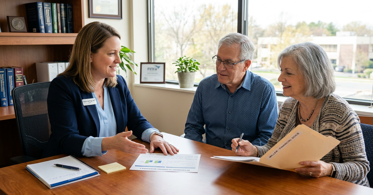 An advisor gesturing while talking with an older couple across a table, with printed documents and a folder in front of them