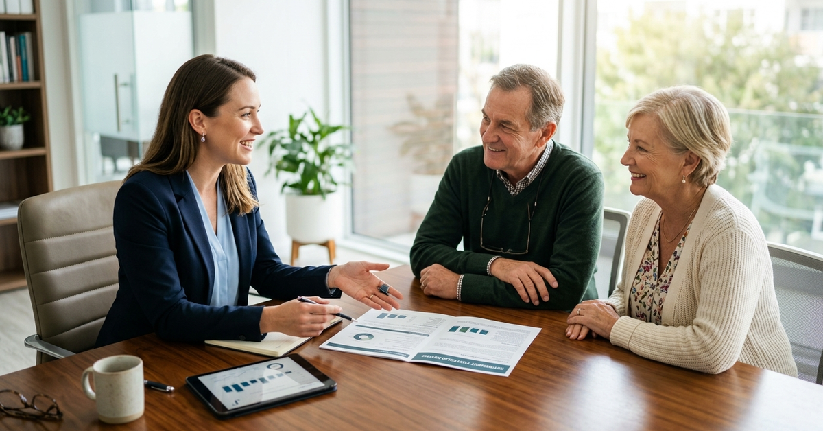 An advisor smiling while talking with an older couple at a table, with a tablet and printed charts in front of them