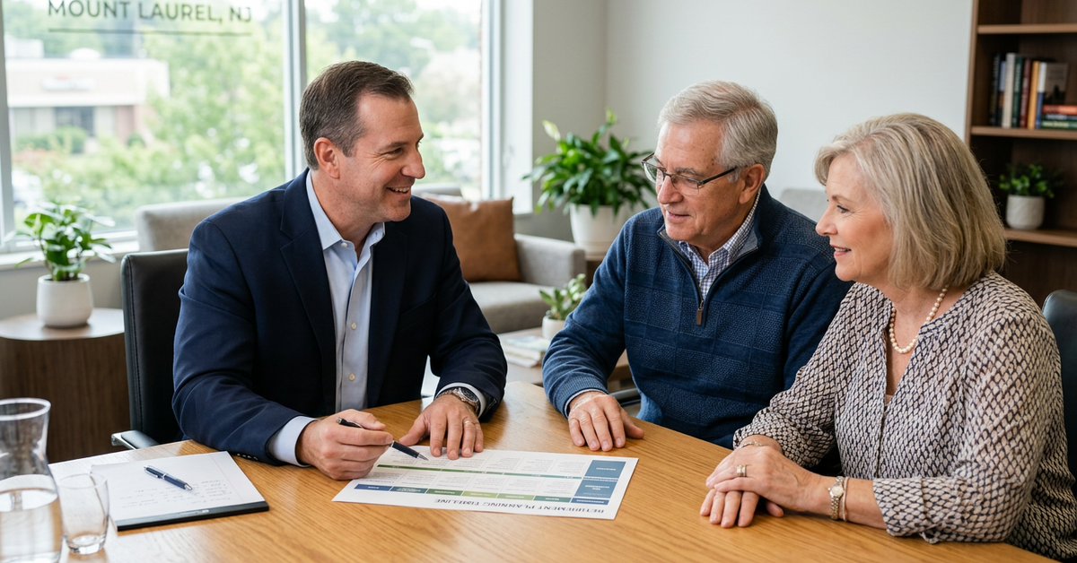 An advisor talking with an older couple at a table, with a printed chart in front of them and a bright window behind