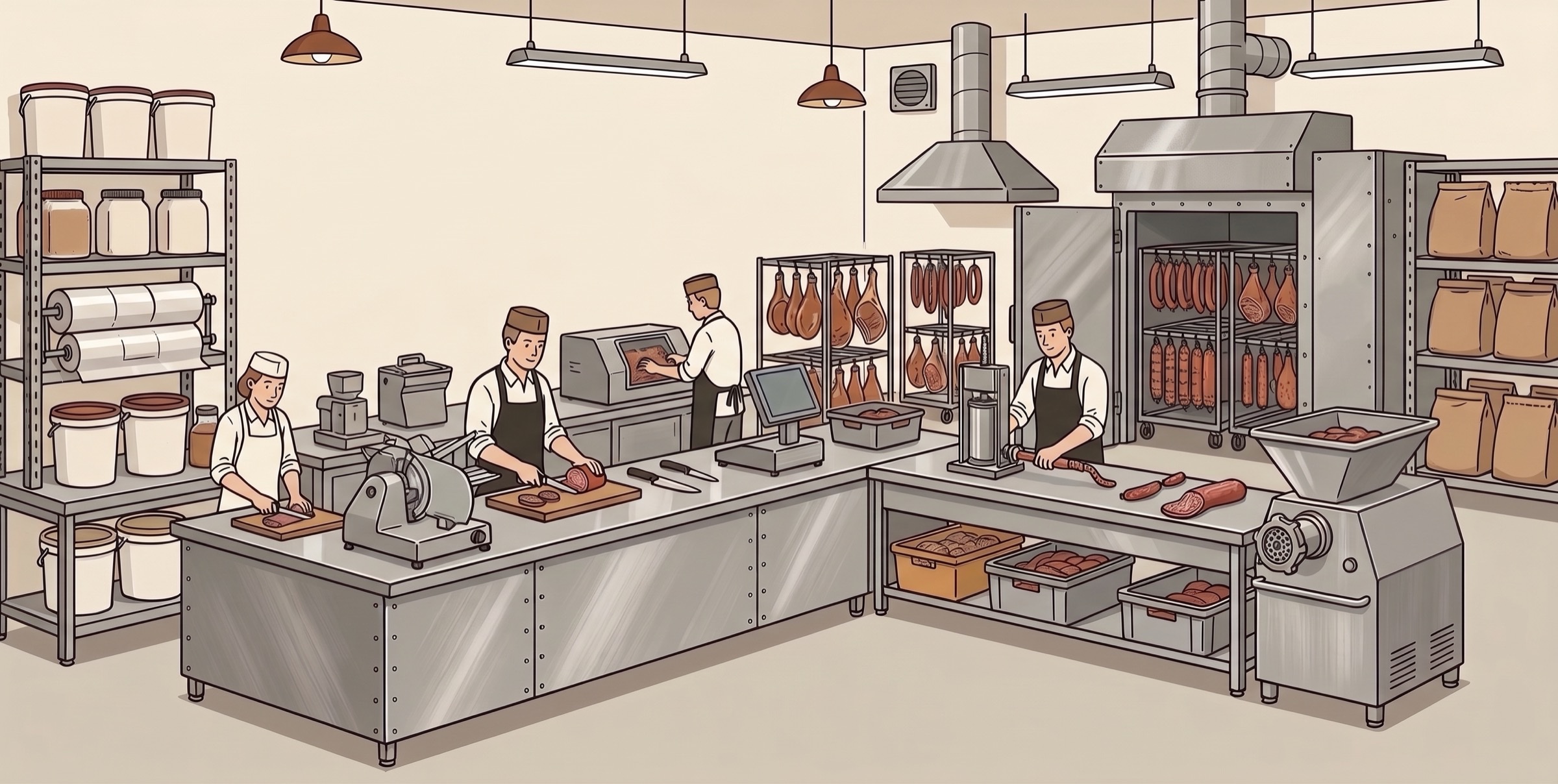 Illustration der Hofmetzgerei Patershausen: Zerlegen, Würzen und Räuchern im eigenen Produktionsraum