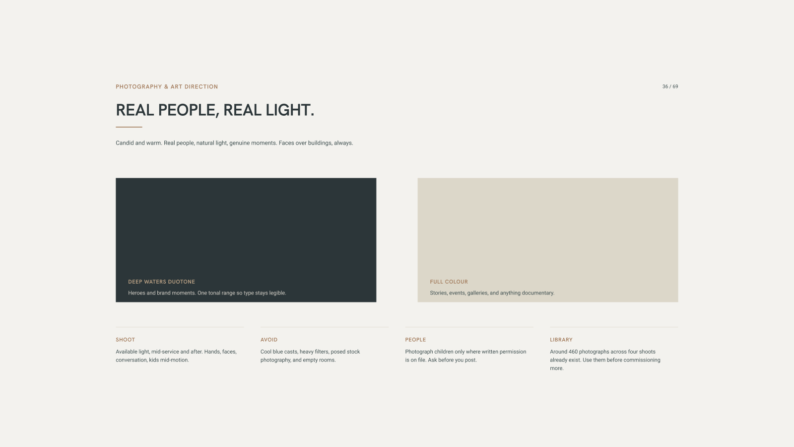 Photography and art direction: real people, real light, faces over buildings