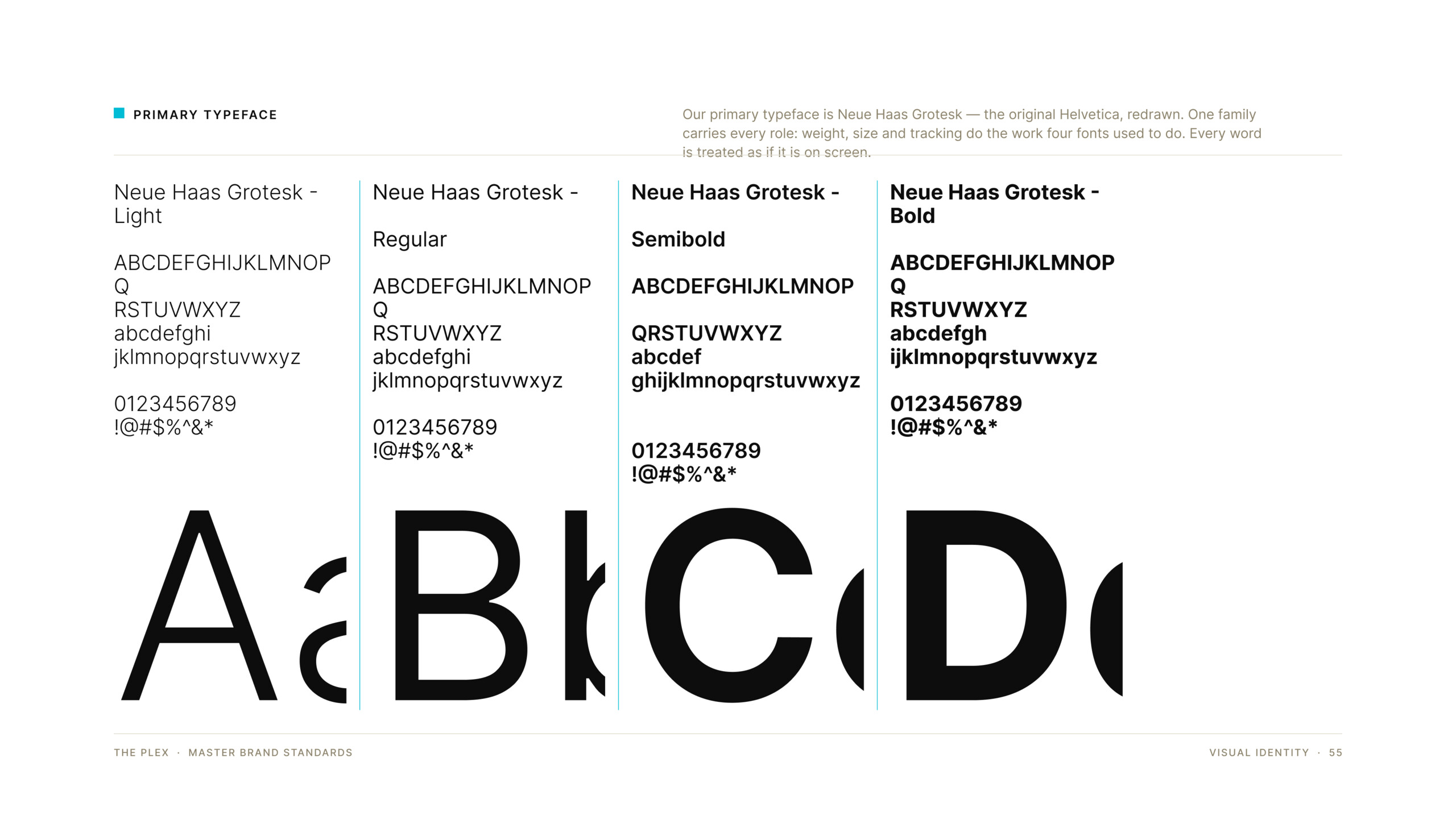 The Plex typography specimen, Neue Haas Grotesk, brand guidelines by Good Word Agency