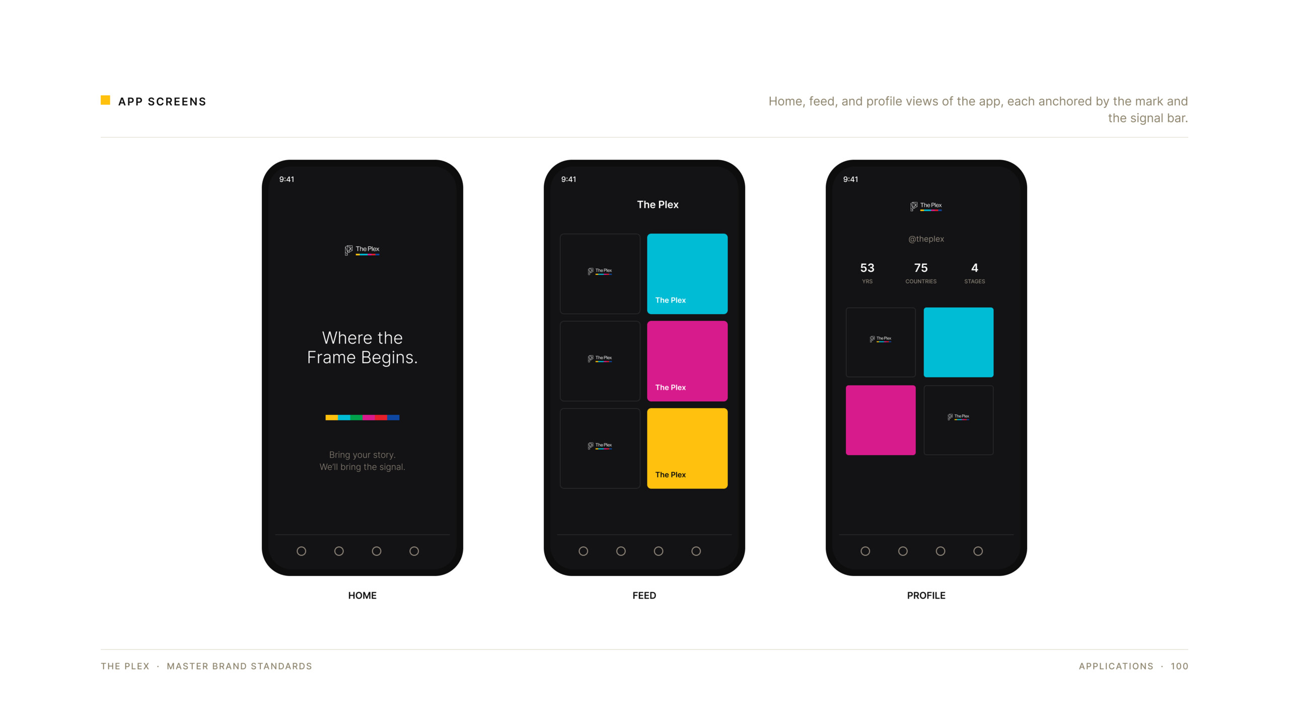 The Plex app home, feed and profile screens, brand identity by Good Word Agency
