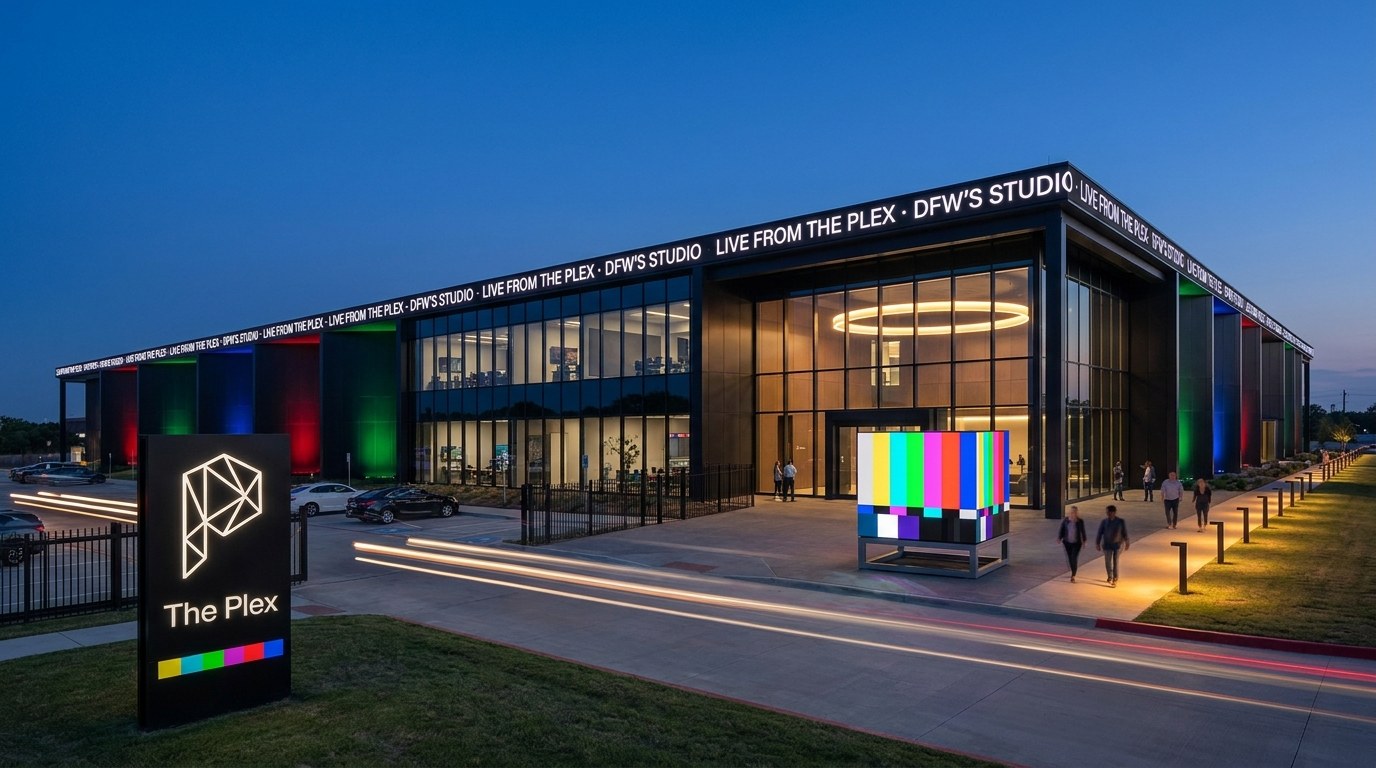 The Plex production facility in Fort Worth at dusk, LED band signage and a signal-colour monolith at the entrance, branding by Good Word Agency