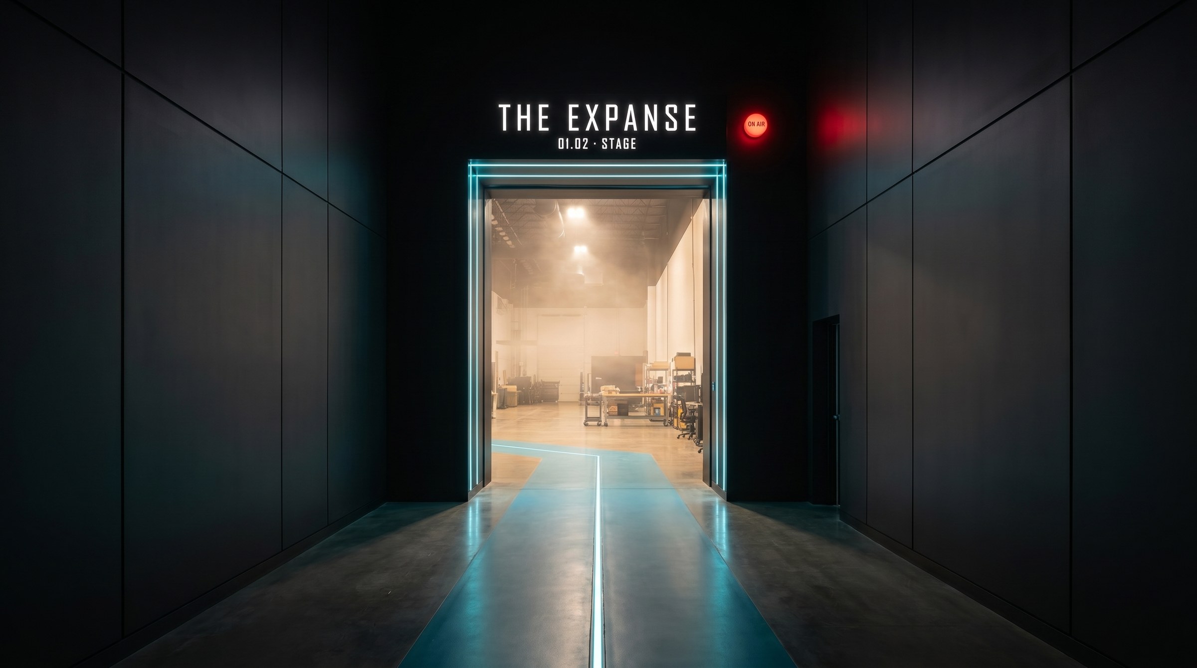 The Expanse stage entrance at The Plex, illuminated threshold signage and floor signal line, wayfinding by Good Word Agency