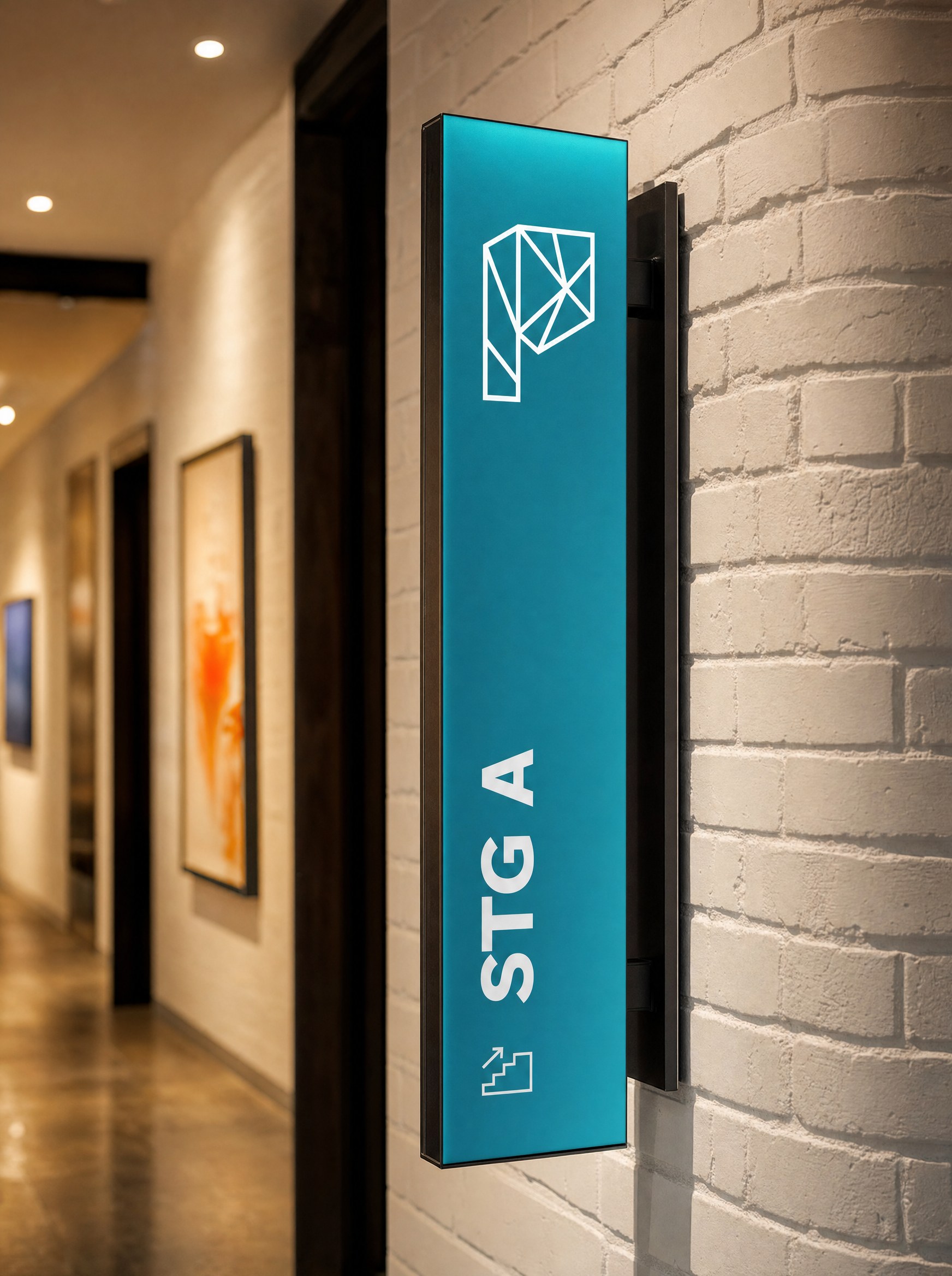 Cyan Stage A blade sign mounted on painted brick at The Plex, signage system by Good Word Agency, Fort Worth