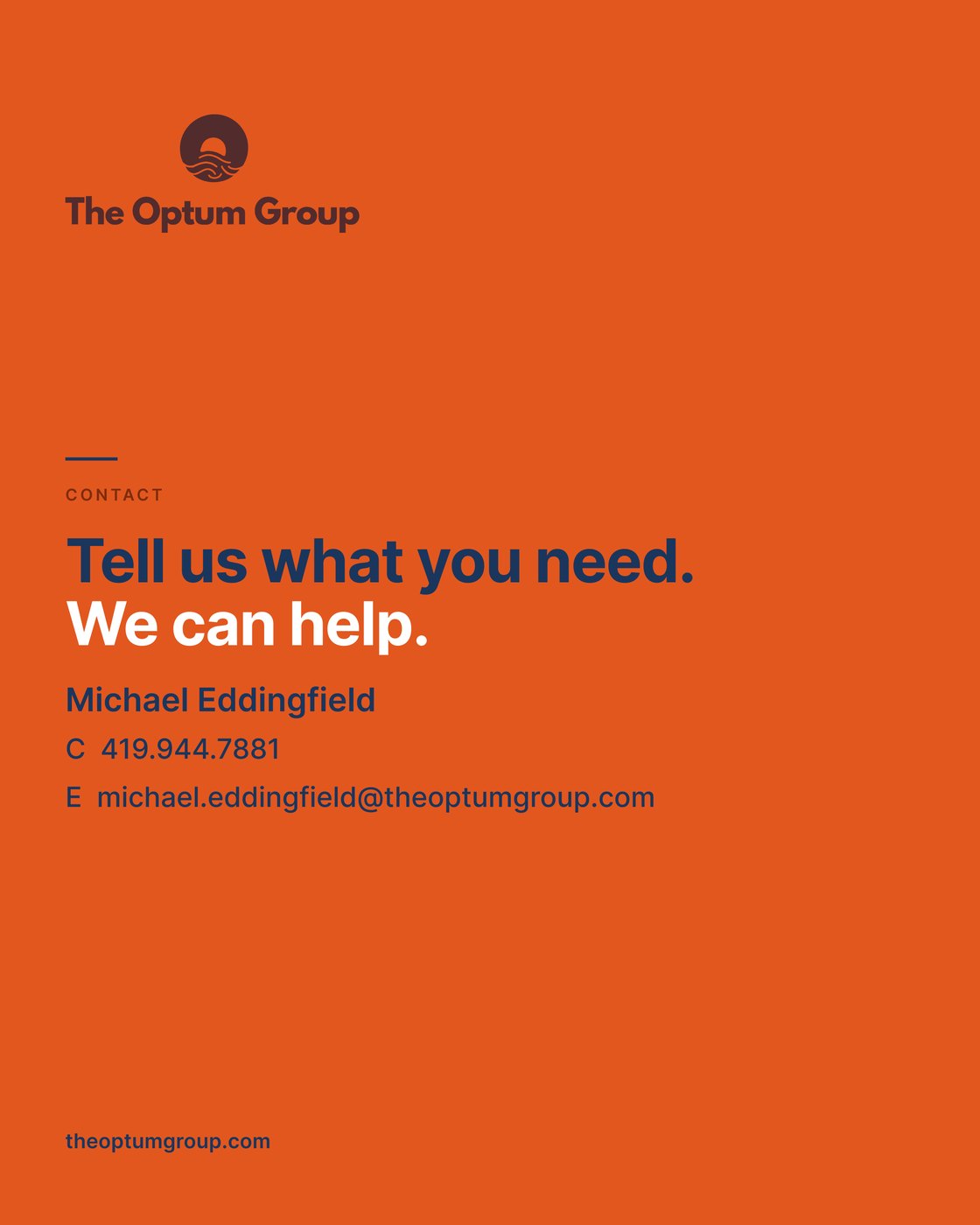 The Optum Group social post: contact card on signal orange with Michael Eddingfield details