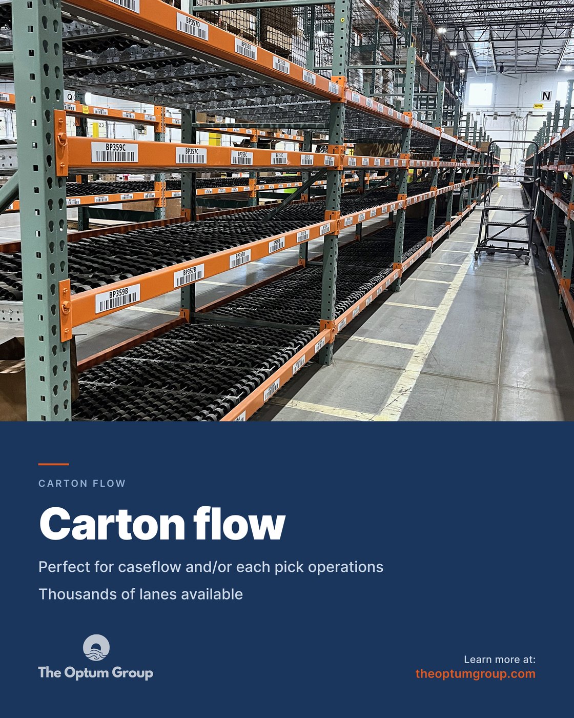 The Optum Group social post: carton flow racking for caseflow and each pick operations