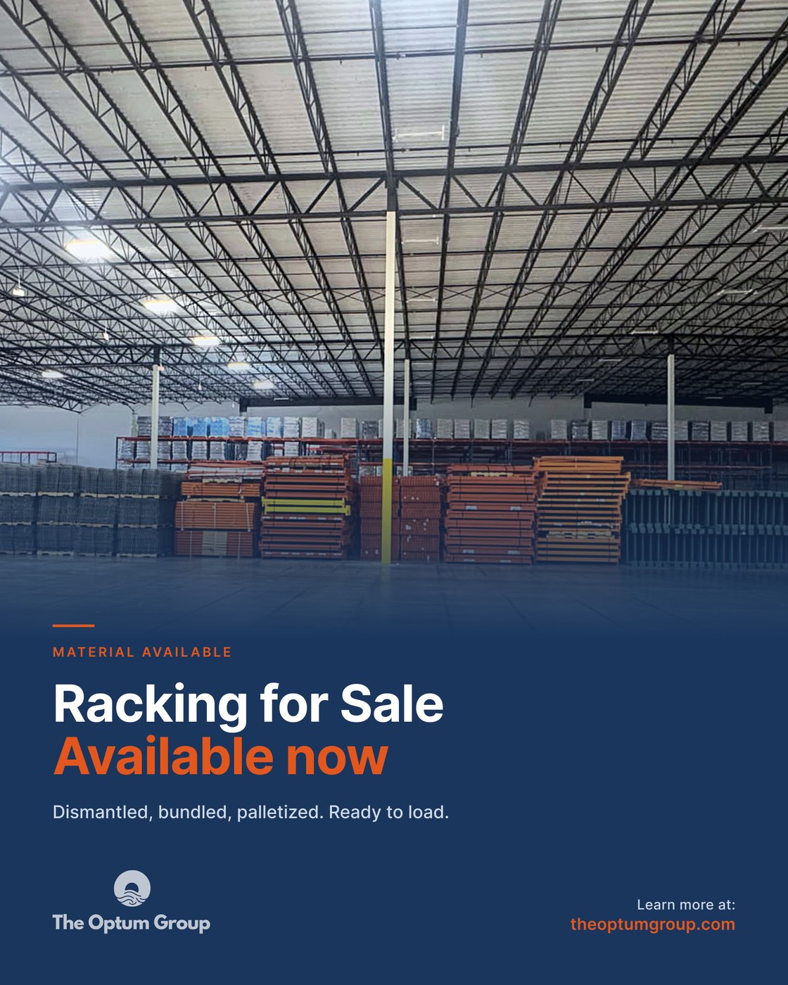 The Optum Group social post: Racking for Sale, available now, dismantled, bundled, palletized