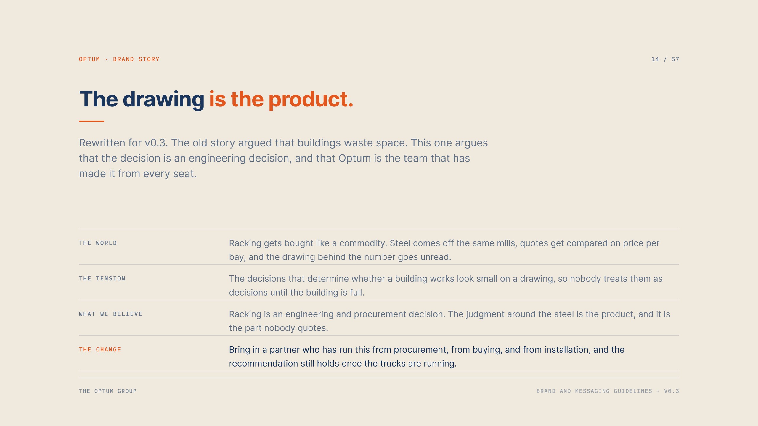 The Optum Group brand story page, written around racking as an engineering decision