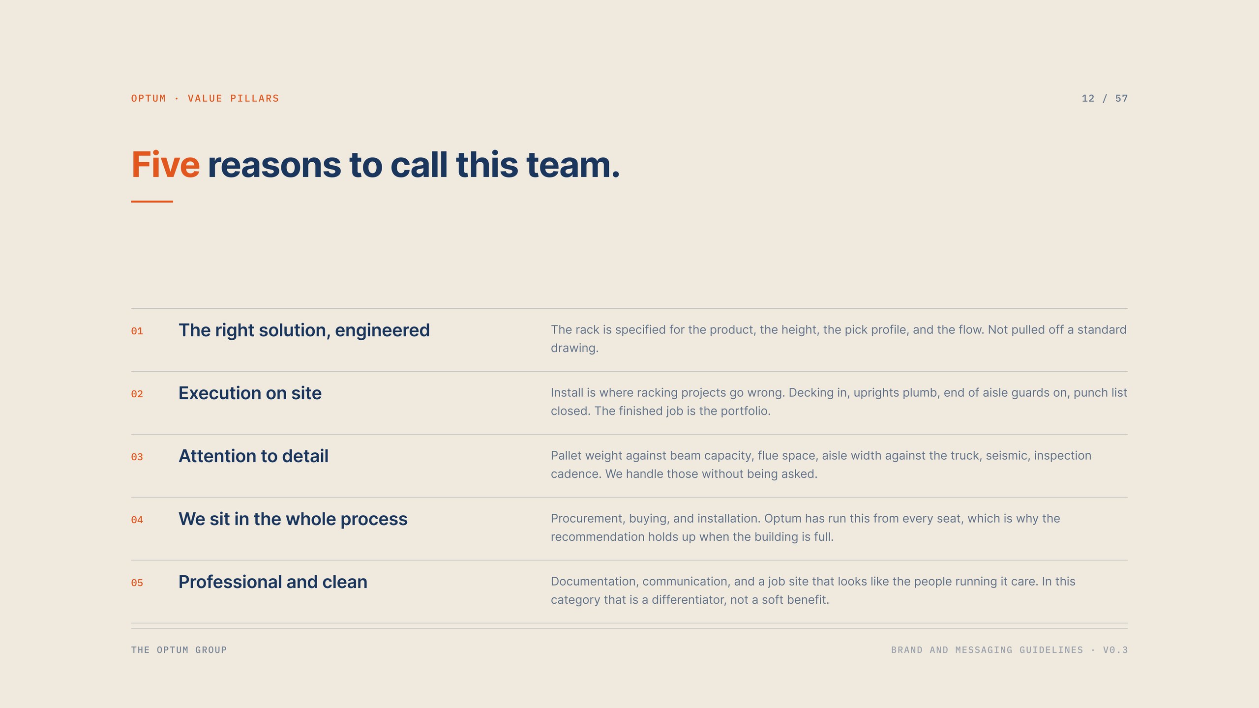 Five value pillars for The Optum Group, from the brand and messaging guidelines