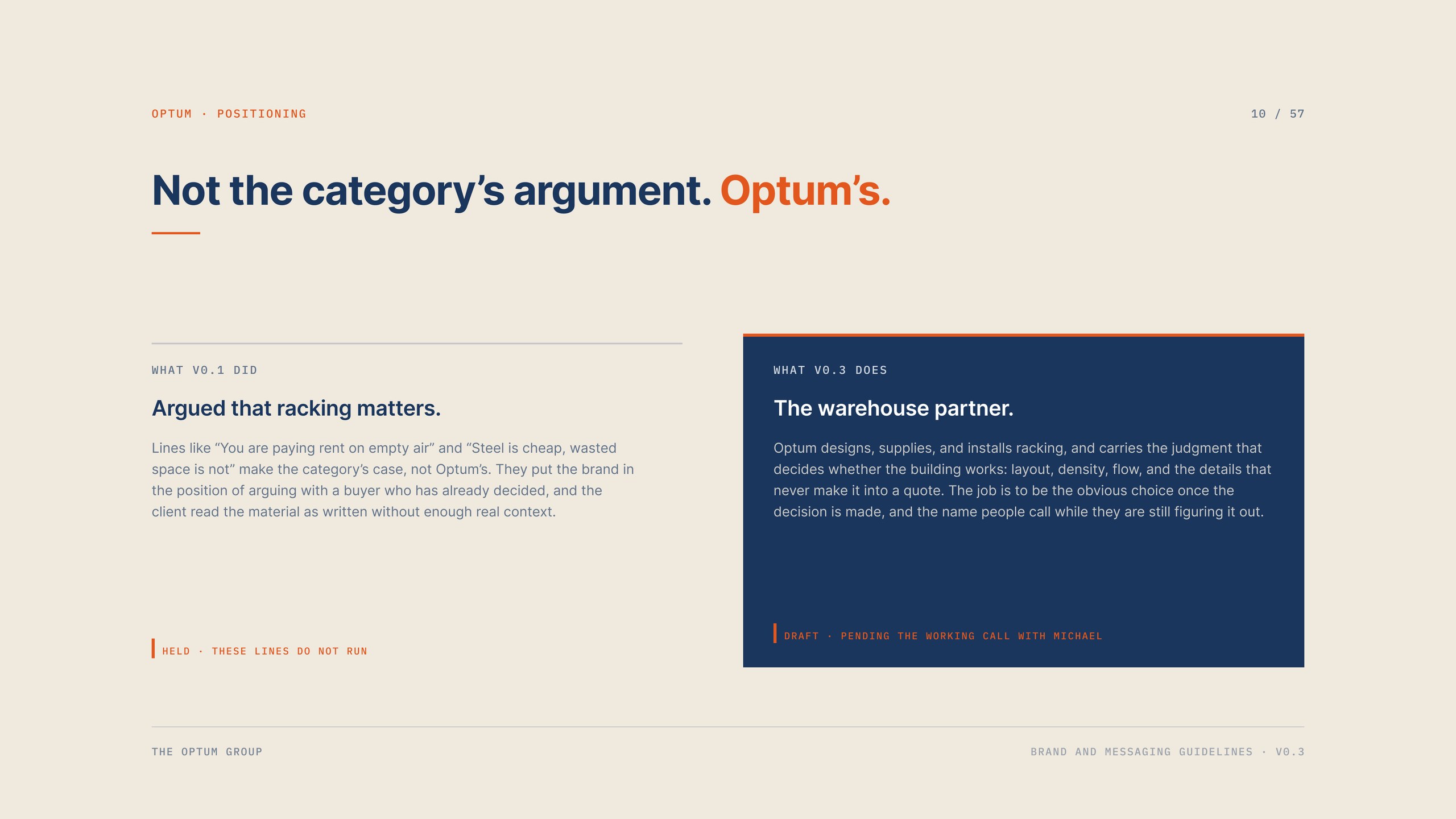 The Optum Group positioning page from the brand and messaging guidelines by Good Word Agency