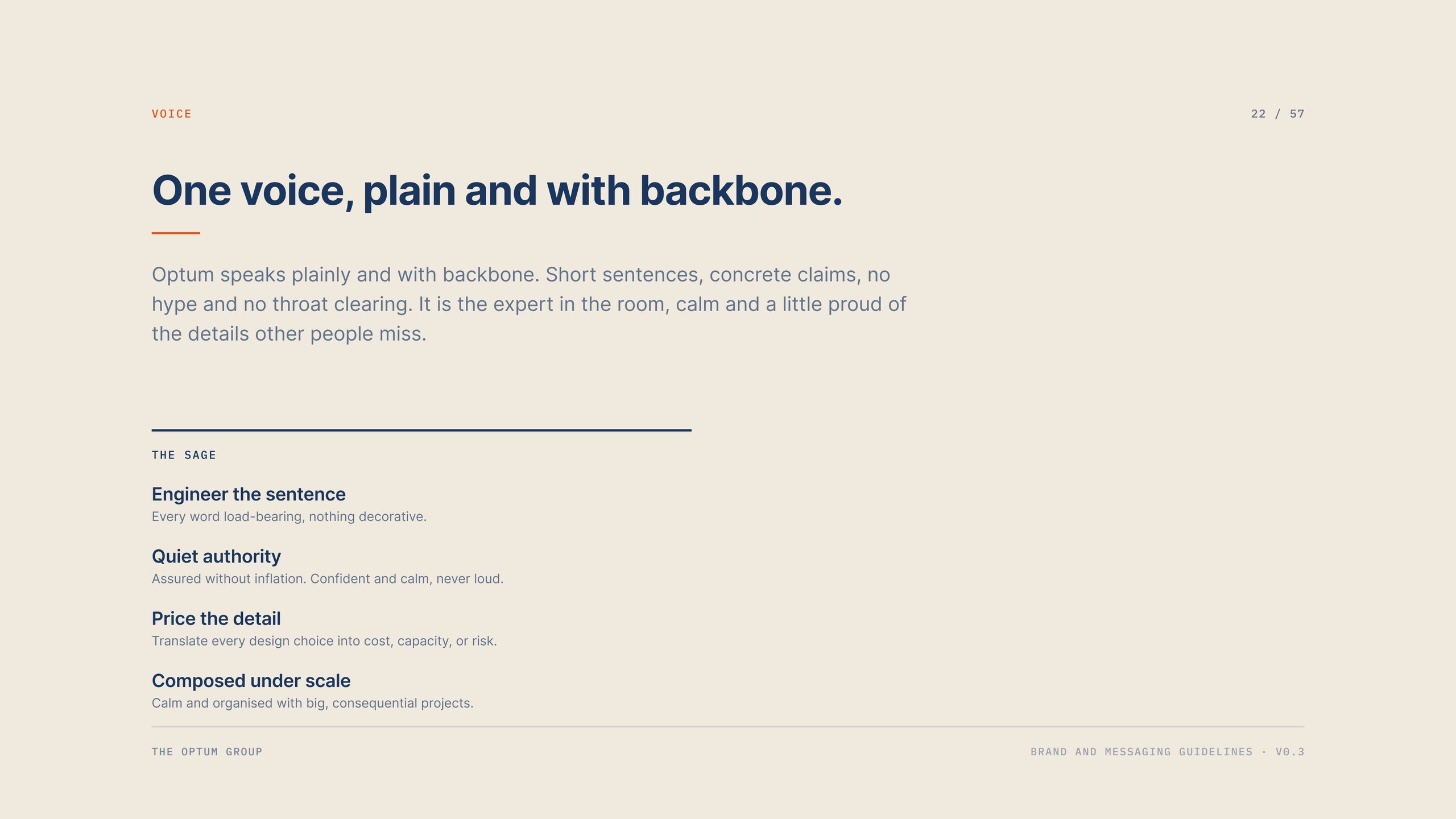 The Optum Group brand voice page: engineer the sentence, quiet authority, price the detail, composed under scale