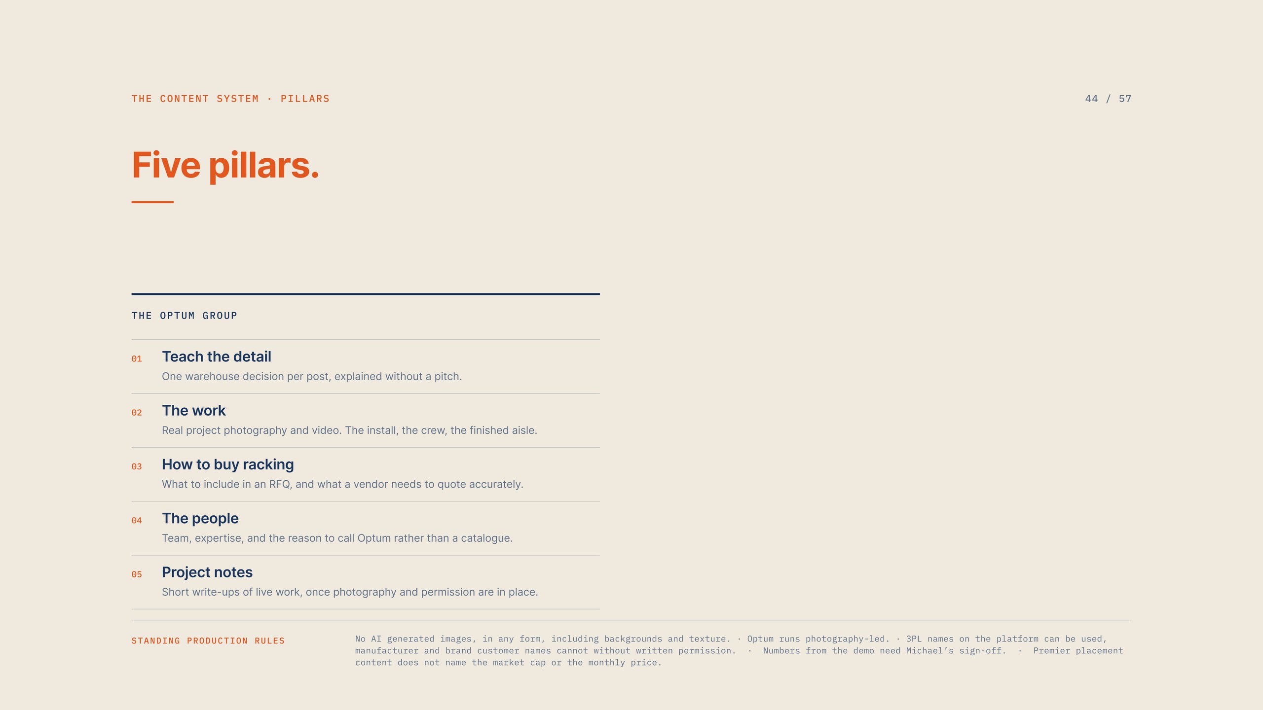 Five content pillars and the standing production rules for The Optum Group