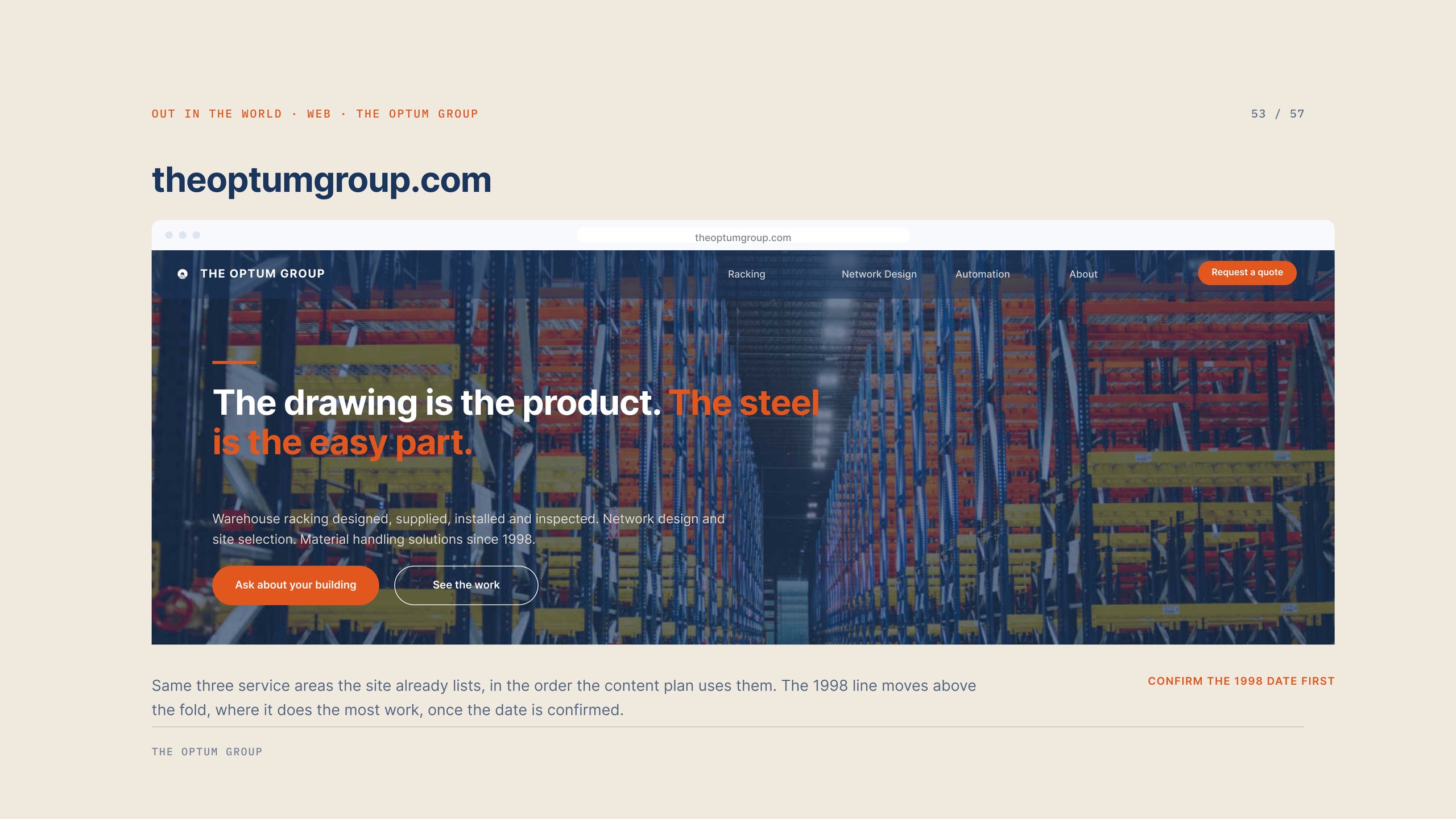 Website direction for theoptumgroup.com showing the position above the fold and three service areas