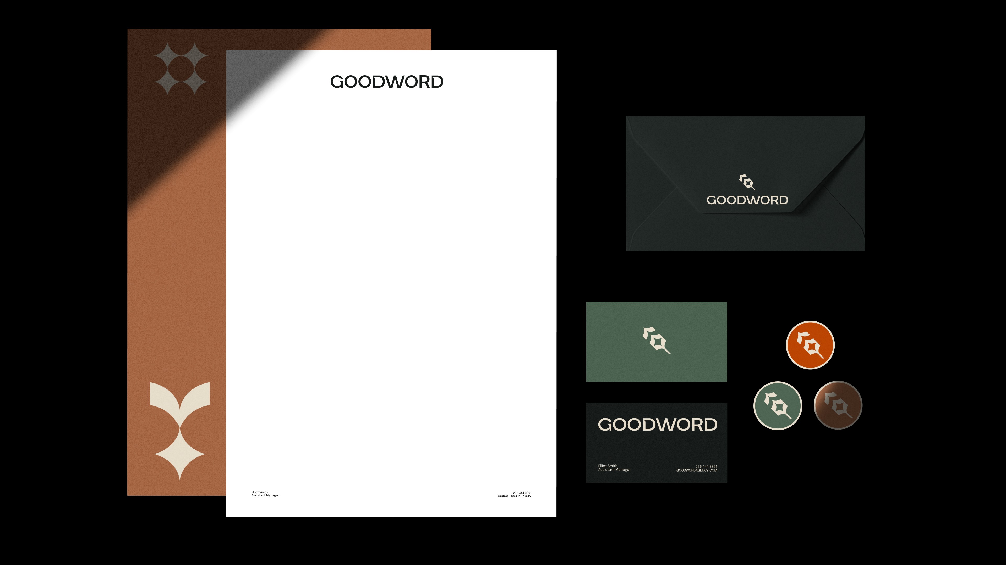 Good Word brand application: Letterhead, envelope, and stickers