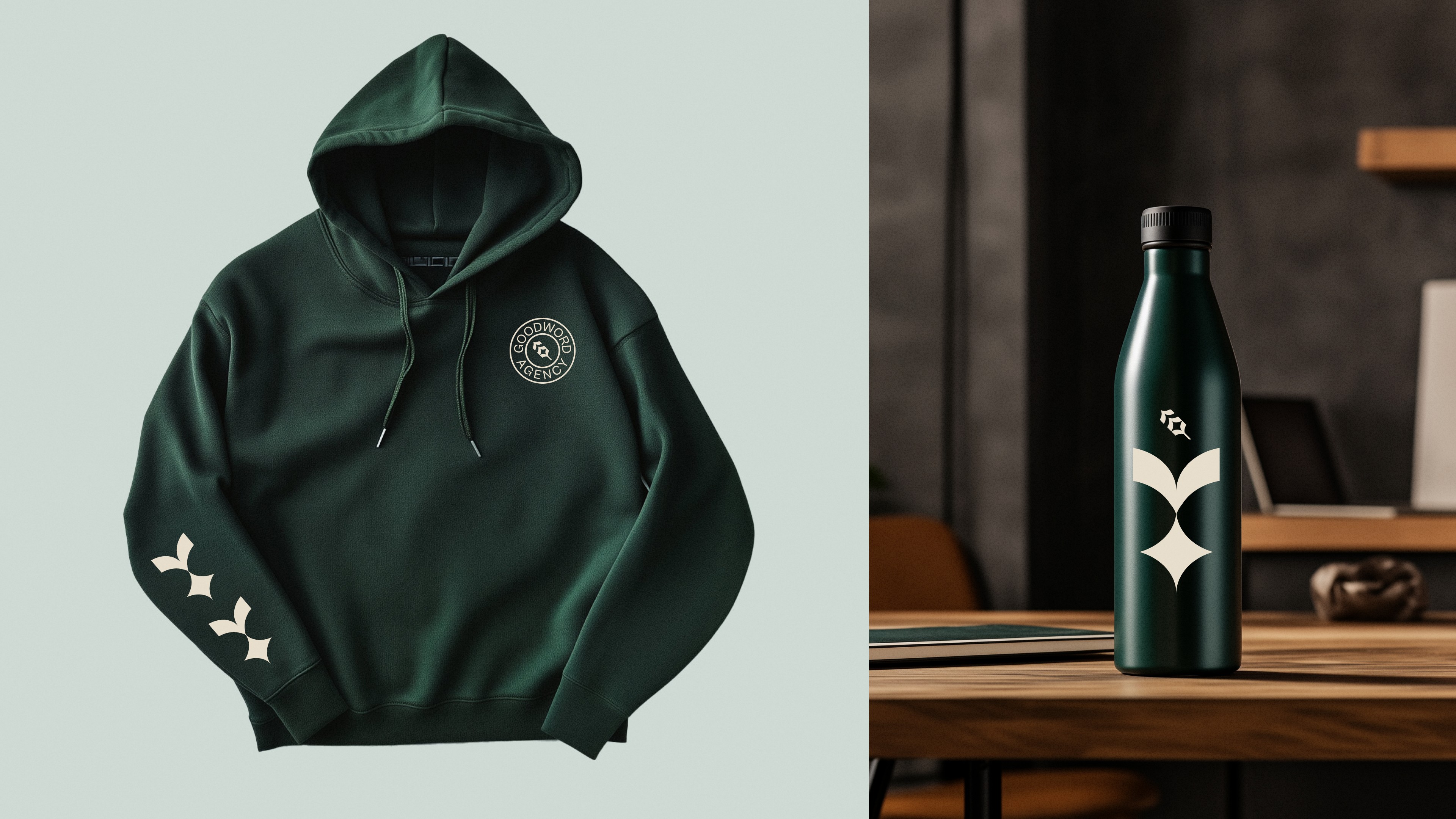 Good Word brand application: Hoodie and water bottle