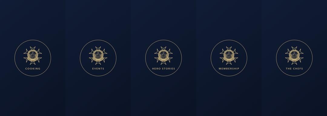 Instagram highlight covers for Hero Stories, Cooking, The Chefs, Events and Membership