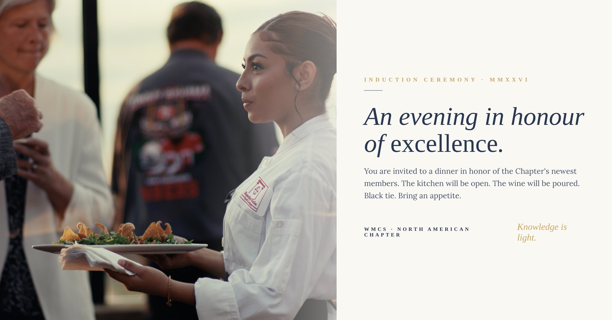 Induction ceremony invitation with a chef serving at Rancho Cielo