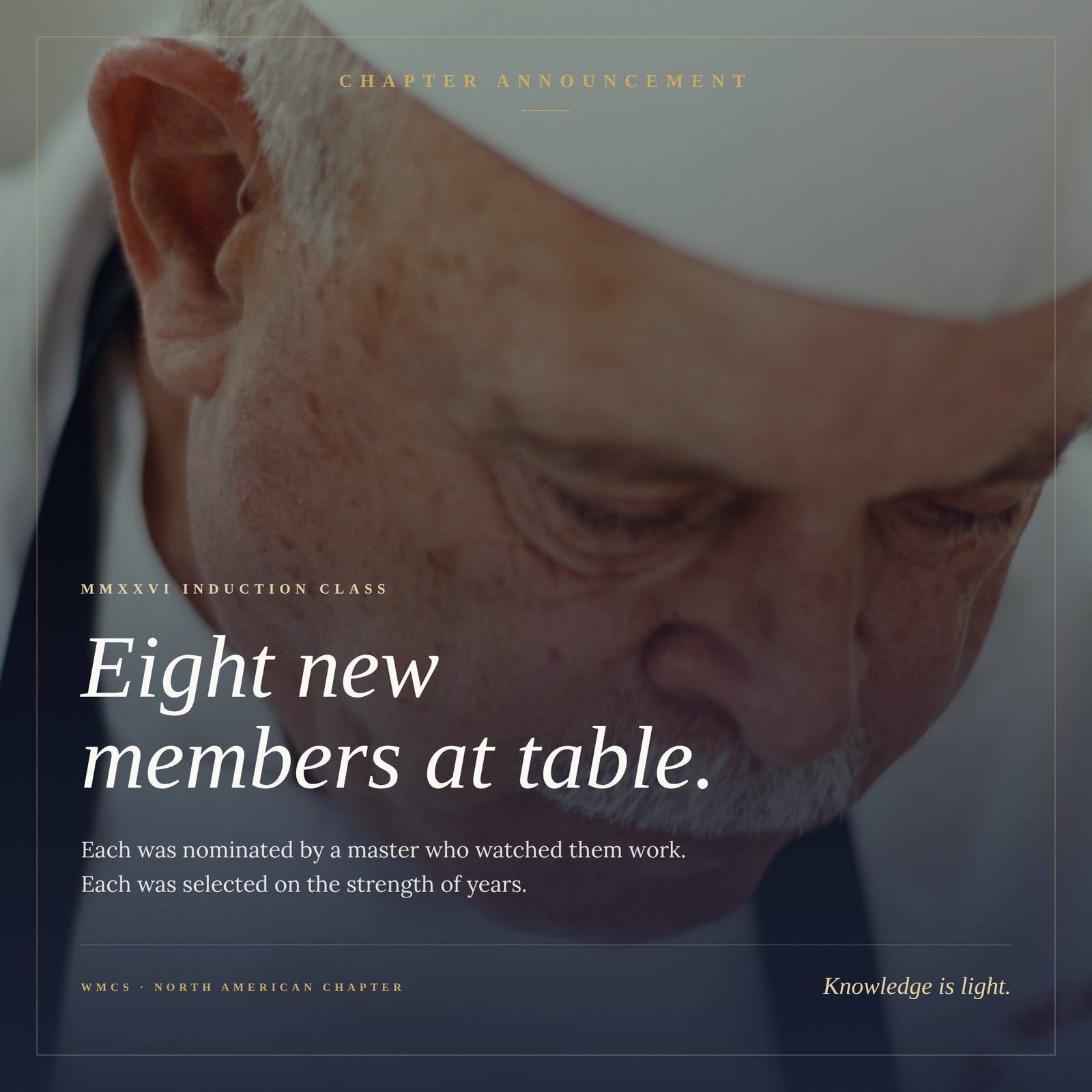 Chapter announcement of the induction class over a chef portrait