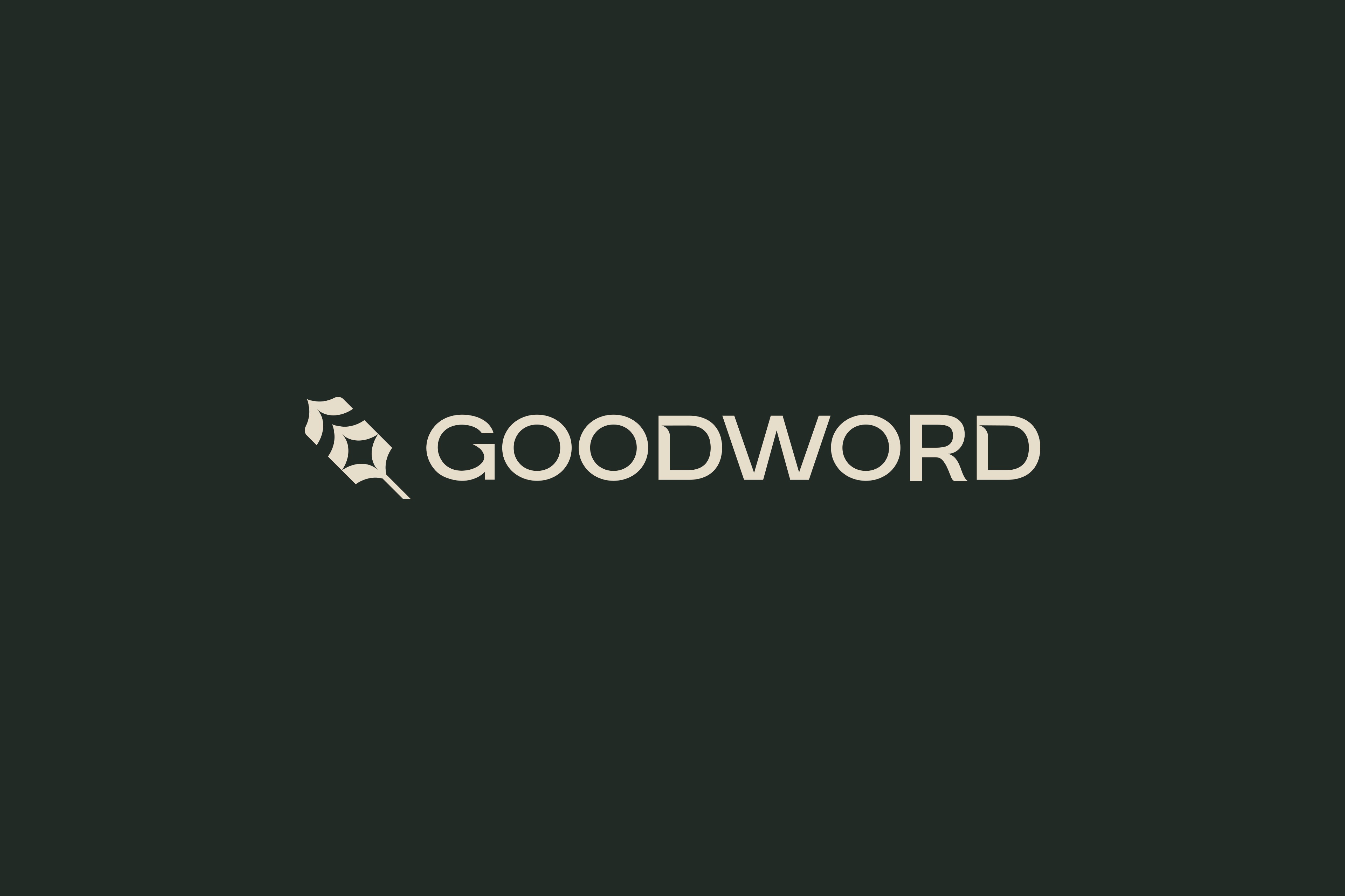 The Good Word quill and wordmark in offwhite on Good Word dark green