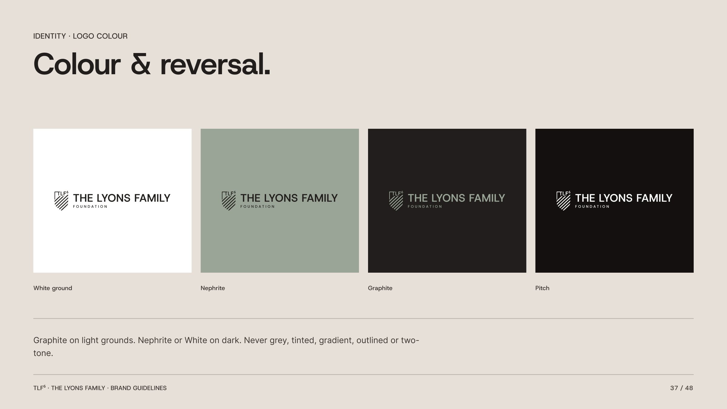 TLF6 logo colour and reversal on white, nephrite, graphite and pitch grounds