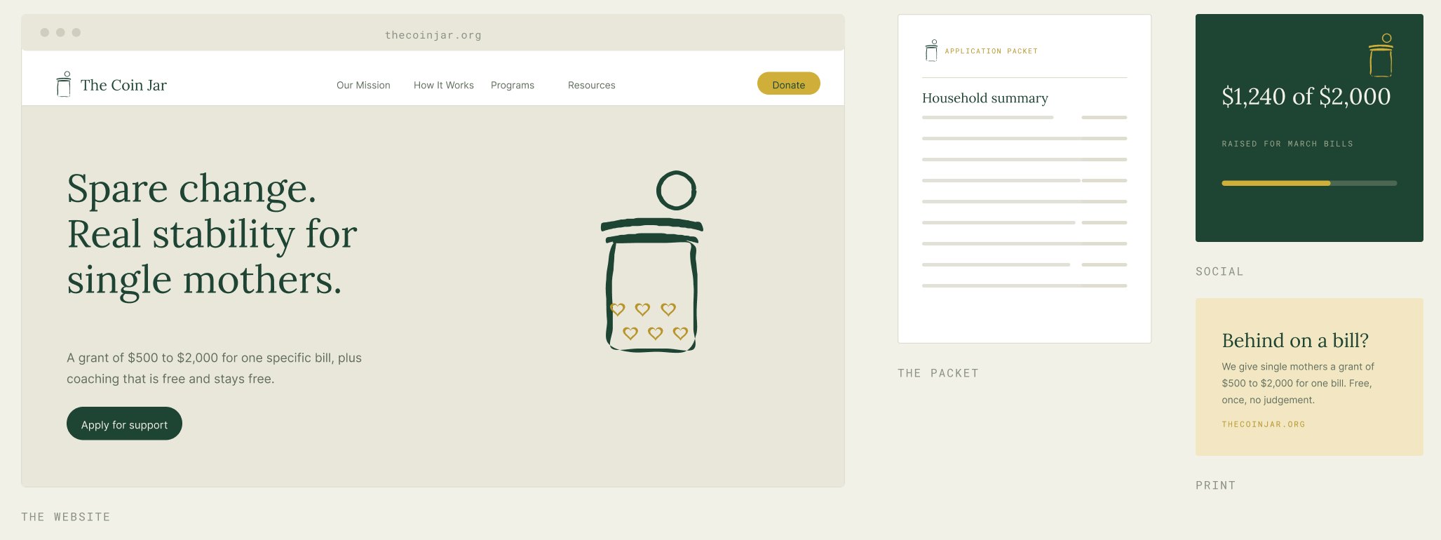 The Coin Jar website, application packet, social post and print flyer
