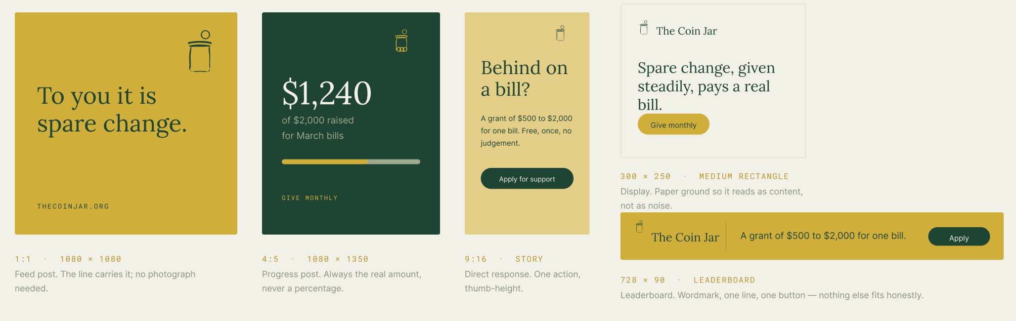 Coin Jar advert units: feed post, progress post, story, medium rectangle and leaderboard