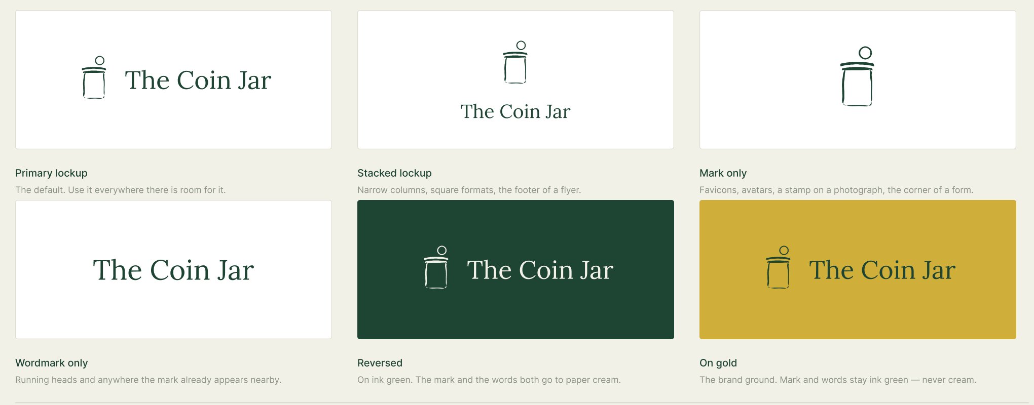 The six Coin Jar lockups: primary, stacked, mark only, wordmark only, reversed and on gold
