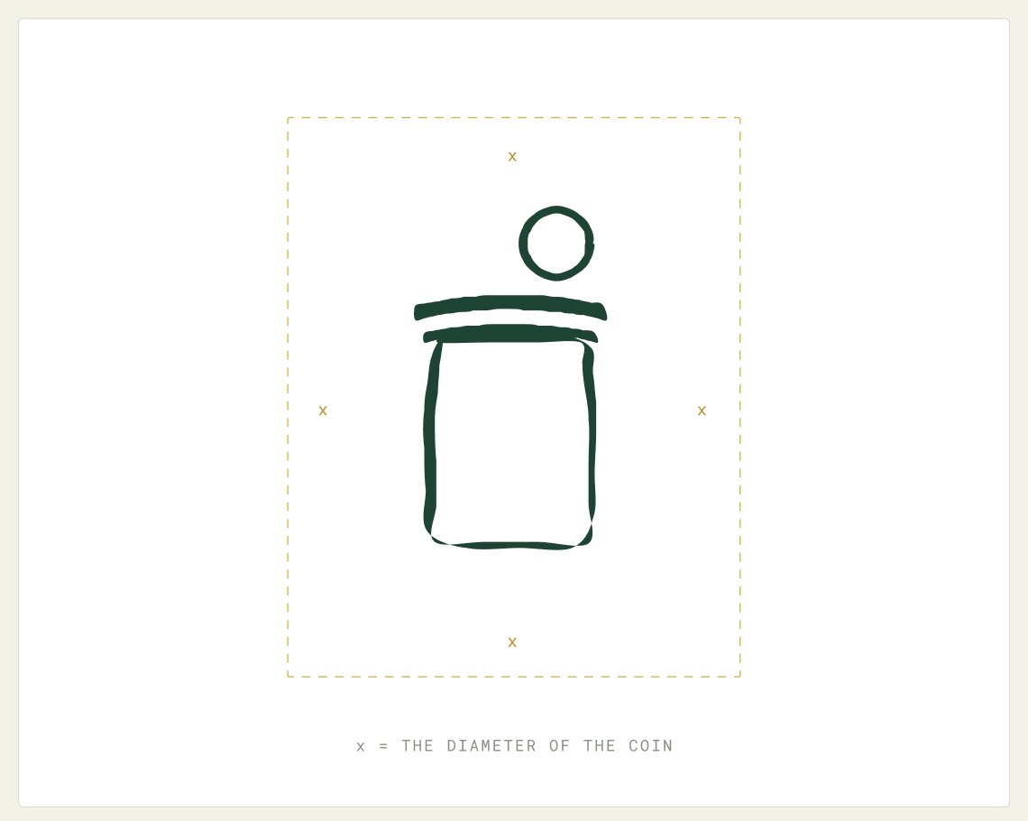 Clear space around the jar mark, where x equals the diameter of the coin