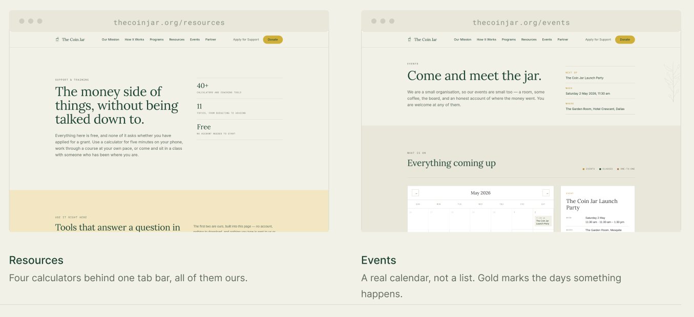 The Resources and Events pages of thecoinjar.org