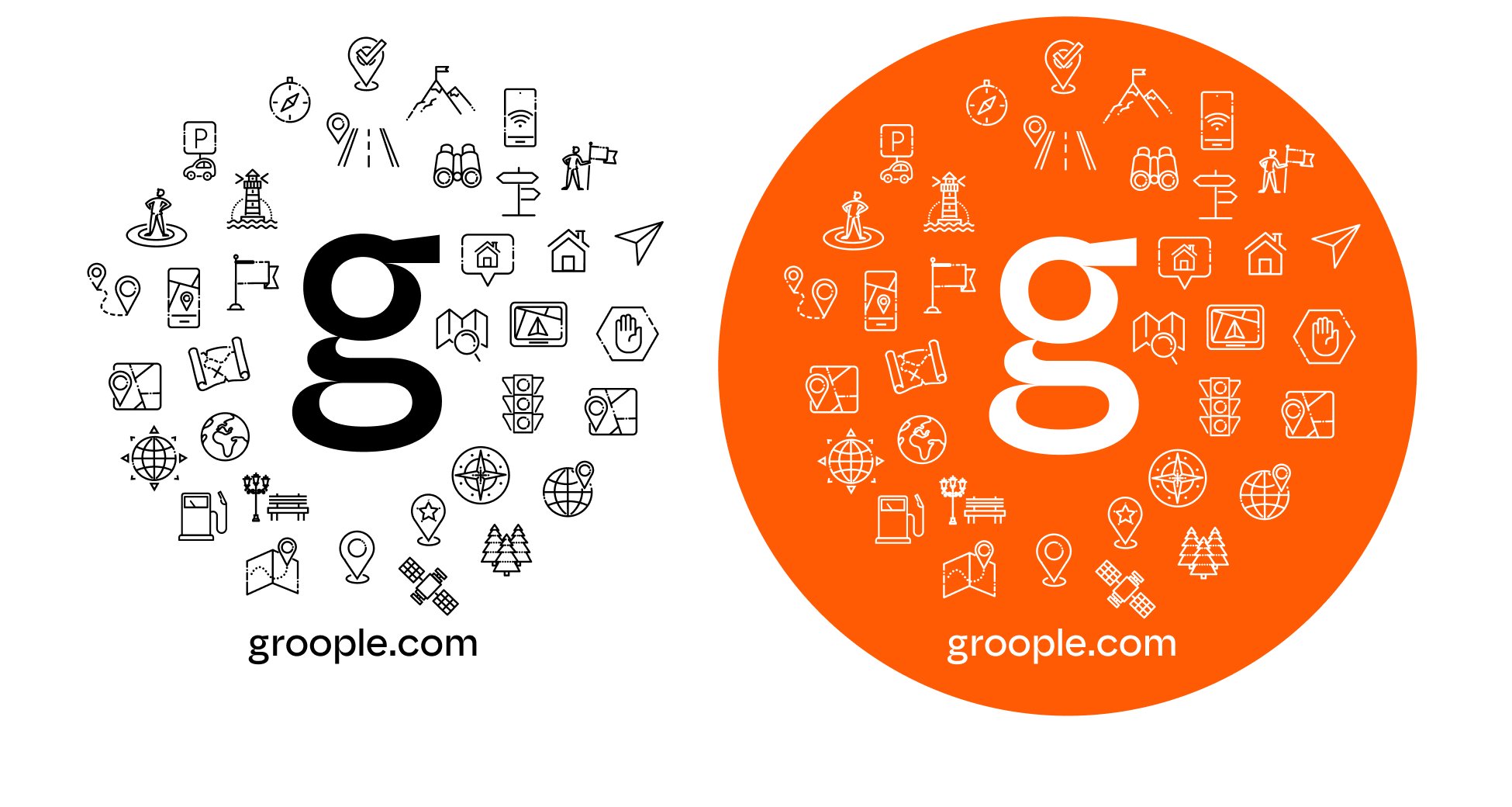 groople additional marks: the g mark surrounded by travel icons with groople.com, in black on white and white on Bright Orange