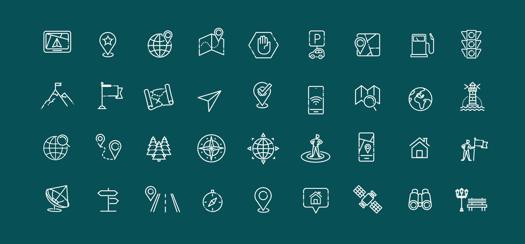 groople travel line icon set in white on Aqua Green