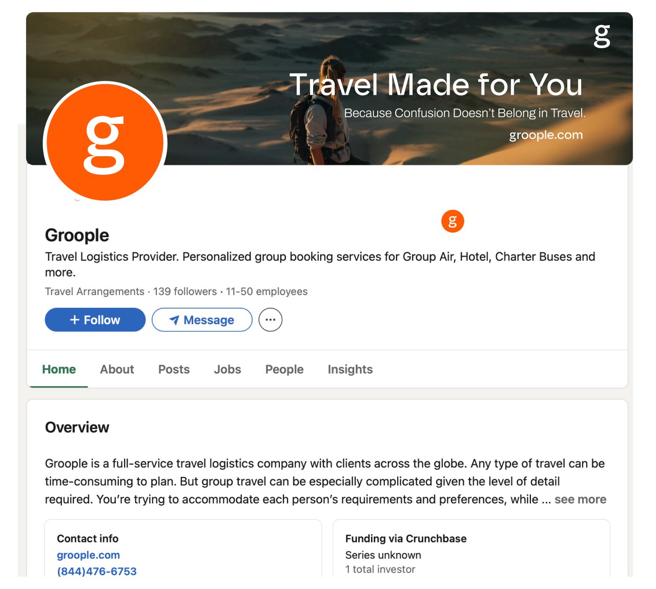 groople LinkedIn company page with a photography banner