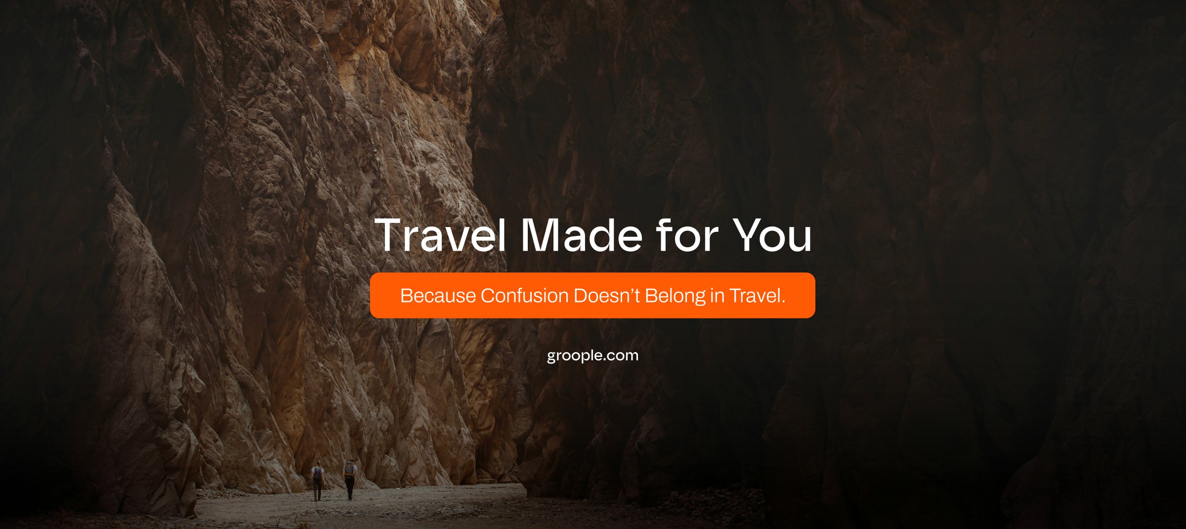 Canyon photograph with the headline Travel Made for You and the subheadline on a Bright Orange bar