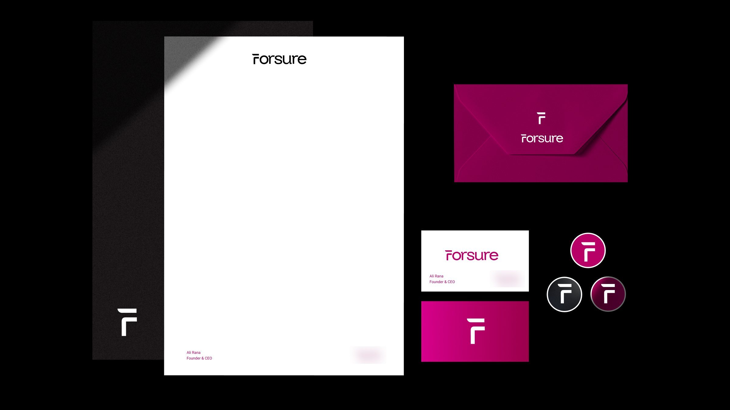 Forsure letterhead, envelope, business cards and stickers