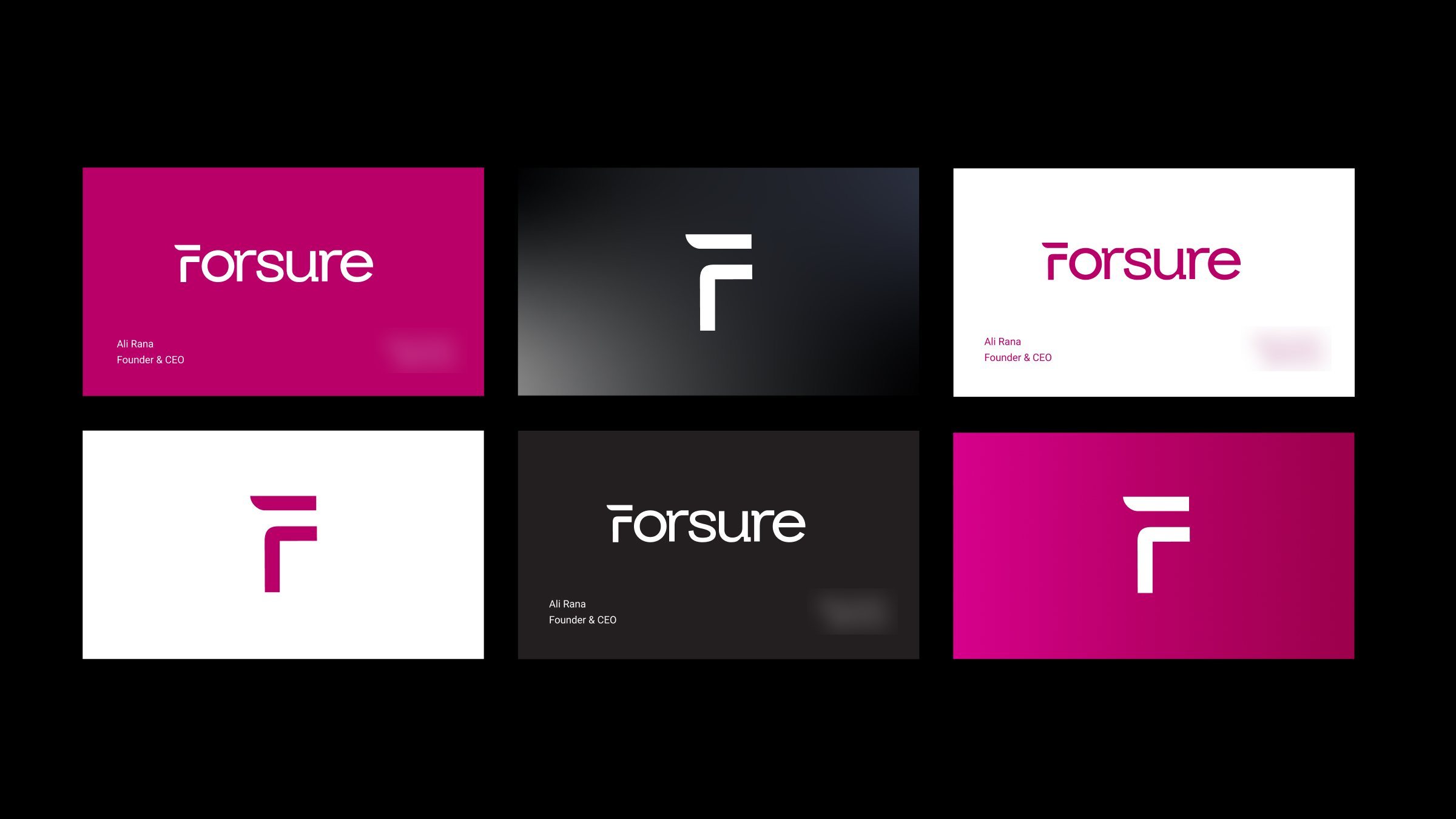 Six Forsure business card designs in magenta, charcoal and white