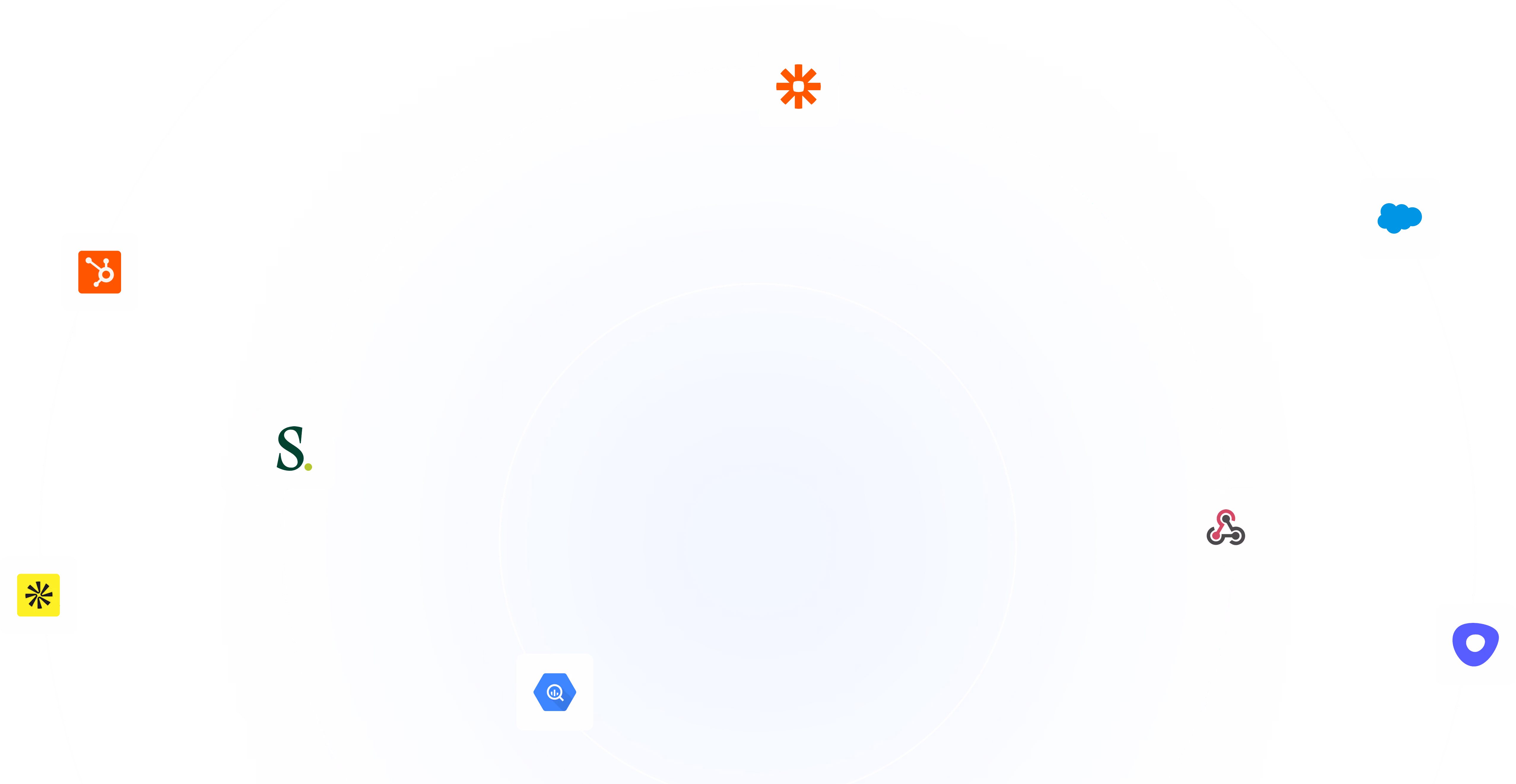 Concentric blue rings resembling a radar pulse, surrounded by small partner app icons including a Salesforce icon.