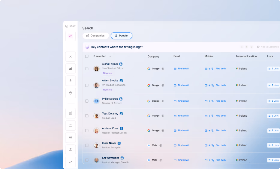 Product screenshot of a contact search results table showing key contacts with their companies, emails, and locations at the right timing.