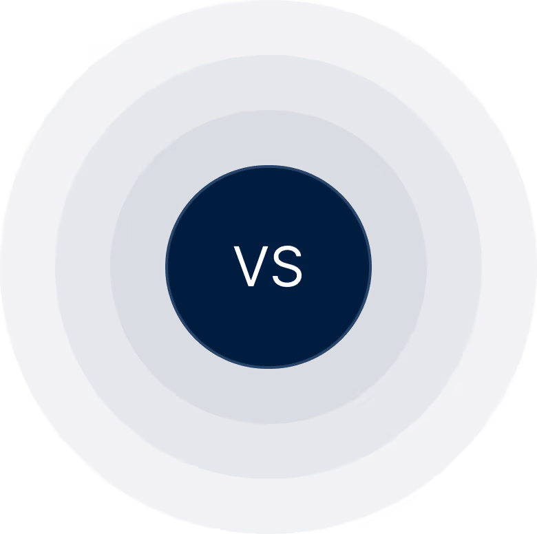 Dark navy circular button with concentric rings displaying the text VS.