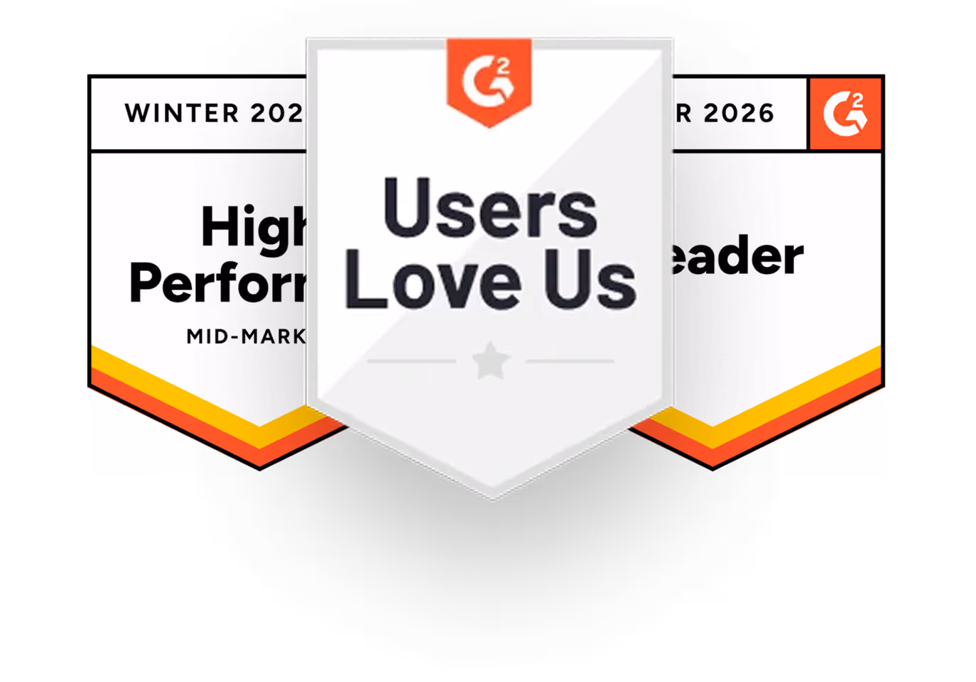 Collage of G2 award badges including High Performer, Users Love Us, and Leader for Winter 2026.
