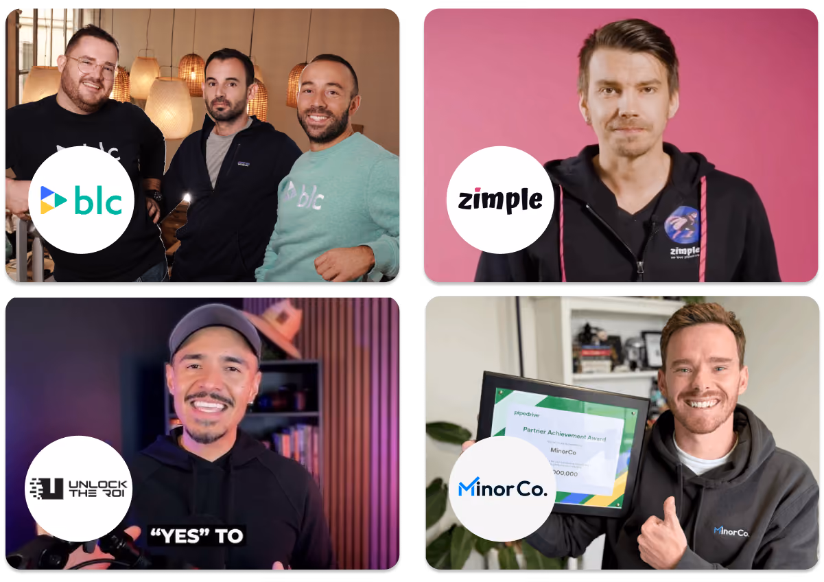 Collage of four affiliate partners posing with their company logos, including blc, Zimple, and MinorCo.