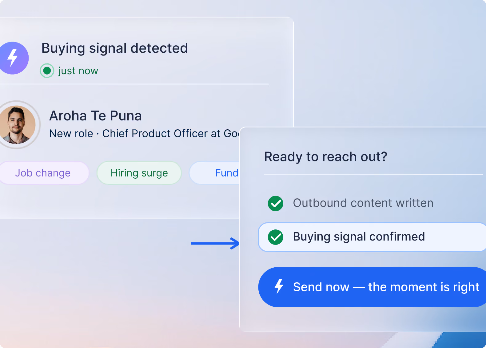 Product screenshot showing a buying signal alert for a contact's new role with a prompt to send outreach now.